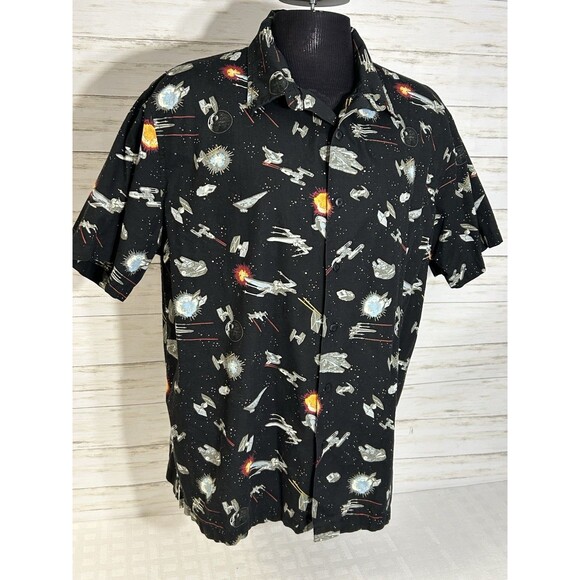 Disney Parks STAR WARS Hawaiian Shirt LARGE Mens Death Star Millennium Falcon